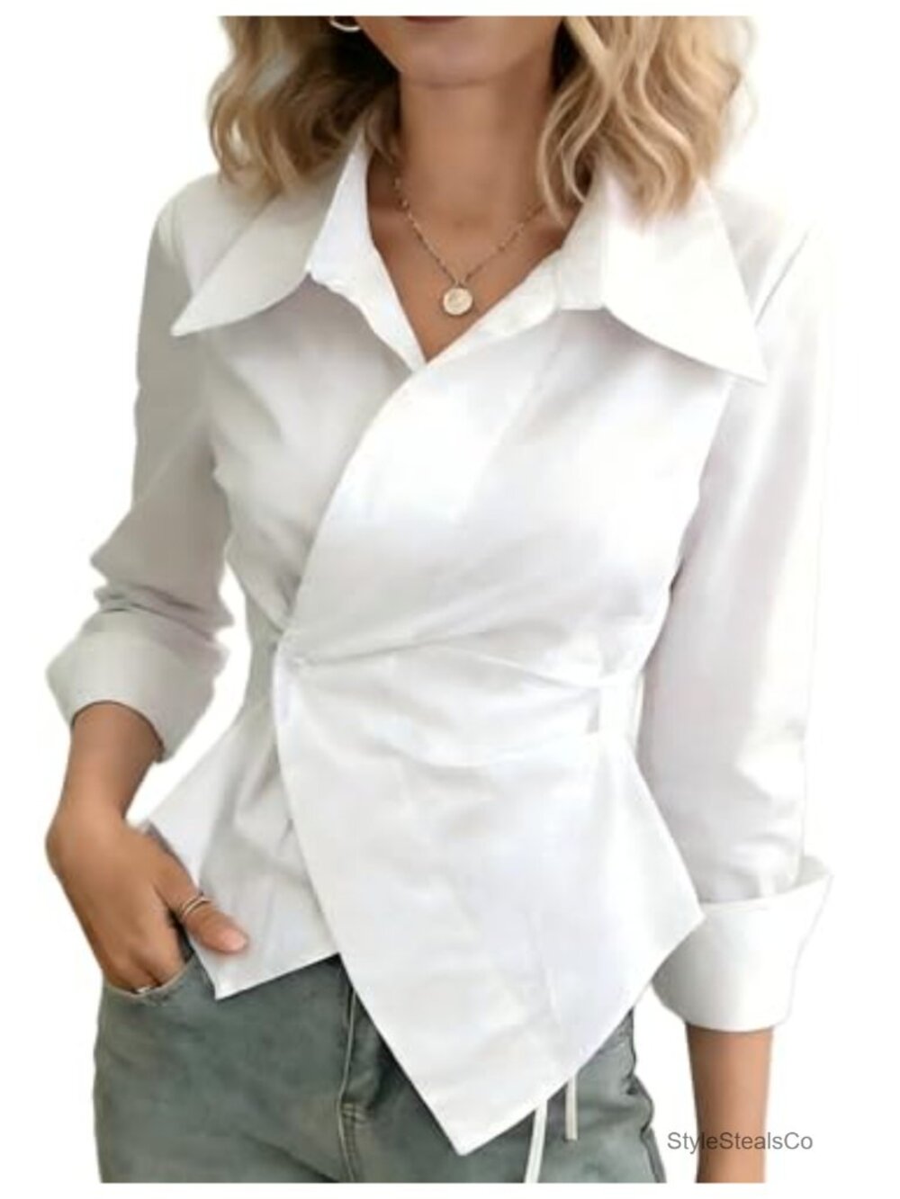 Striped Wrap Blouse Asymmetrical V-Neck Long Sleeve Button Front Work Top